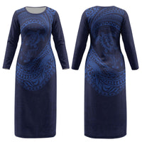 Hawaiian Turtle and Shark Couples Matching Long Sleeve Bodycon Dress and Long Sleeve Button Shirt Kakau Tribal with Polynesian Pattern Blue Color LT03 - Polynesian Pride