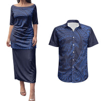 Hawaiian Turtle and Shark Couples Matching Puletasi and Hawaiian Shirt Kakau Tribal with Polynesian Pattern Blue Color LT03 Blue - Polynesian Pride