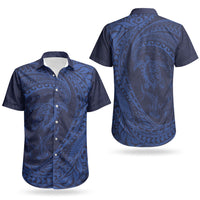 Hawaiian Turtle and Shark Couples Matching Short Sleeve Bodycon Dress and Hawaiian Shirt Kakau Tribal with Polynesian Pattern Blue Color LT03 - Polynesian Pride