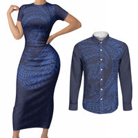 Hawaiian Turtle and Shark Couples Matching Short Sleeve Bodycon Dress and Long Sleeve Button Shirt Kakau Tribal with Polynesian Pattern Blue Color LT03 Blue - Polynesian Pride