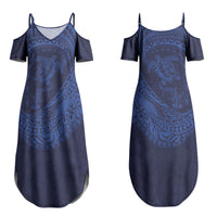 Hawaiian Turtle and Shark Couples Matching Summer Maxi Dress and Hawaiian Shirt Kakau Tribal with Polynesian Pattern Blue Color LT03 - Polynesian Pride