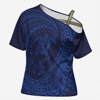Hawaiian Turtle and Shark Cross Shoulder Shirt Kakau Tribal with Polynesian Pattern Blue Color LT03 Female Blue - Polynesian Pride