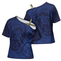 Hawaiian Turtle and Shark Cross Shoulder Shirt Kakau Tribal with Polynesian Pattern Blue Color LT03 - Polynesian Pride