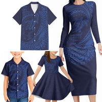 Hawaiian Turtle and Shark Family Matching Long Sleeve Bodycon Dress and Hawaiian Shirt Kakau Tribal with Polynesian Pattern Blue Color LT03 - Polynesian Pride