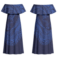 Hawaiian Turtle and Shark Family Matching Off Shoulder Maxi Dress and Hawaiian Shirt Kakau Tribal with Polynesian Pattern Blue Color LT03 Mom's Dress Blue - Polynesian Pride