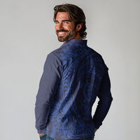 Hawaiian Turtle and Shark Long Sleeve Polo Shirt Kakau Tribal with Polynesian Pattern Blue Color LT03 - Polynesian Pride