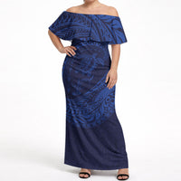 Hawaiian Turtle and Shark Off Shoulder Maxi Dress Kakau Tribal with Polynesian Pattern Blue Color LT03 Women Blue - Polynesian Pride
