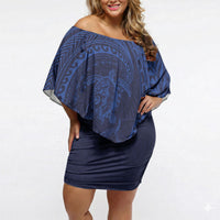 Hawaiian Turtle and Shark Off Shoulder Short Dress Kakau Tribal with Polynesian Pattern Blue Color LT03 Women Blue - Polynesian Pride