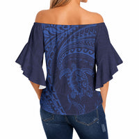 Hawaiian Turtle and Shark Off Shoulder Wrap Waist Top Kakau Tribal with Polynesian Pattern Blue Color LT03 - Polynesian Pride