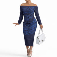 Hawaiian Turtle and Shark Off The Shoulder Long Sleeve Dress Kakau Tribal with Polynesian Pattern Blue Color LT03 Women Blue - Polynesian Pride
