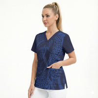 Hawaiian Turtle and Shark Scrub Top Kakau Tribal with Polynesian Pattern Blue Color LT03 - Polynesian Pride