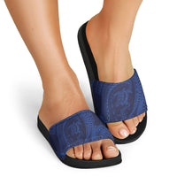 Hawaiian Turtle and Shark Slide Sandals Kakau Tribal with Polynesian Pattern Blue Color LT03 - Polynesian Pride