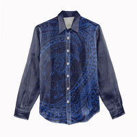 Hawaiian Turtle and Shark Women Casual Shirt Kakau Tribal with Polynesian Pattern Blue Color LT03 - Polynesian Pride