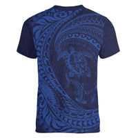 Hawaiian Turtle and Shark Women V-Neck T-Shirt Kakau Tribal with Polynesian Pattern Blue Color LT03 - Polynesian Pride
