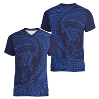Hawaiian Turtle and Shark Women V-Neck T-Shirt Kakau Tribal with Polynesian Pattern Blue Color LT03 - Polynesian Pride