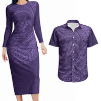 Hawaiian Turtle and Shark Couples Matching Long Sleeve Bodycon Dress and Hawaiian Shirt Kakau Tribal with Polynesian Pattern Purple Color LT03 Purple - Polynesian Pride