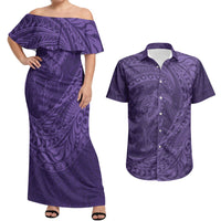 Hawaiian Turtle and Shark Couples Matching Off Shoulder Maxi Dress and Hawaiian Shirt Kakau Tribal with Polynesian Pattern Purple Color LT03 Purple - Polynesian Pride
