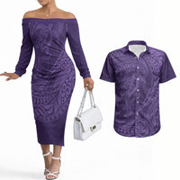 Hawaiian Turtle and Shark Couples Matching Off The Shoulder Long Sleeve Dress and Hawaiian Shirt Kakau Tribal with Polynesian Pattern Purple Color LT03 Purple - Polynesian Pride