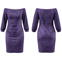 Hawaiian Turtle and Shark Couples Matching Off The Shoulder Long Sleeve Dress and Long Sleeve Button Shirt Kakau Tribal with Polynesian Pattern Purple Color LT03 - Polynesian Pride