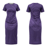 Hawaiian Turtle and Shark Couples Matching Short Sleeve Bodycon Dress and Hawaiian Shirt Kakau Tribal with Polynesian Pattern Purple Color LT03 - Polynesian Pride