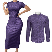 Hawaiian Turtle and Shark Couples Matching Short Sleeve Bodycon Dress and Long Sleeve Button Shirt Kakau Tribal with Polynesian Pattern Purple Color LT03 Purple - Polynesian Pride