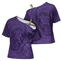 Hawaiian Turtle and Shark Cross Shoulder Shirt Kakau Tribal with Polynesian Pattern Purple Color LT03 - Polynesian Pride