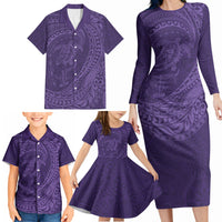 Hawaiian Turtle and Shark Family Matching Long Sleeve Bodycon Dress and Hawaiian Shirt Kakau Tribal with Polynesian Pattern Purple Color LT03 - Polynesian Pride