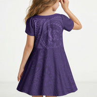 Hawaiian Turtle and Shark Kid Short Sleeve Dress Kakau Tribal with Polynesian Pattern Purple Color LT03 - Polynesian Pride