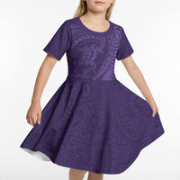 Hawaiian Turtle and Shark Kid Short Sleeve Dress Kakau Tribal with Polynesian Pattern Purple Color LT03 - Polynesian Pride
