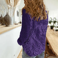 Hawaiian Turtle and Shark Women Casual Shirt Kakau Tribal with Polynesian Pattern Purple Color LT03 - Polynesian Pride