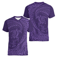 Hawaiian Turtle and Shark Women V-Neck T-Shirt Kakau Tribal with Polynesian Pattern Purple Color LT03 - Polynesian Pride