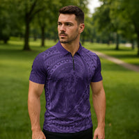Hawaiian Turtle and Shark Zipper Polo Shirt Kakau Tribal with Polynesian Pattern Purple Color LT03 - Polynesian Pride
