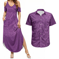 Hawaiian Turtle and Shark Couples Matching Summer Maxi Dress and Hawaiian Shirt Kakau Tribal with Polynesian Pattern Pink Color LT03 Pink - Polynesian Pride