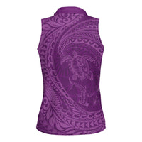 Hawaiian Turtle and Shark Women Sleeveless Polo Shirt Kakau Tribal with Polynesian Pattern Pink Color LT03 - Polynesian Pride