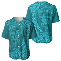 Hawaiian Turtle and Shark Baseball Jersey Kakau Tribal with Polynesian Pattern Turquoise Color LT03 - Polynesian Pride