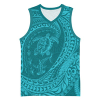 Hawaiian Turtle and Shark Basketball Jersey Kakau Tribal with Polynesian Pattern Turquoise Color LT03 Unisex Turquoise - Polynesian Pride