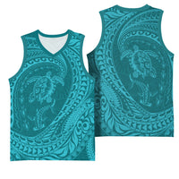 Hawaiian Turtle and Shark Basketball Jersey Kakau Tribal with Polynesian Pattern Turquoise Color LT03 - Polynesian Pride