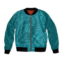Hawaiian Turtle and Shark Bomber Jacket Kakau Tribal with Polynesian Pattern Turquoise Color LT03 Unisex Turquoise - Polynesian Pride