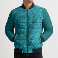 Hawaiian Turtle and Shark Bomber Puffer Jacket Kakau Tribal with Polynesian Pattern Turquoise Color LT03 - Polynesian Pride