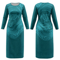 Hawaiian Turtle and Shark Couples Matching Long Sleeve Bodycon Dress and Hawaiian Shirt Kakau Tribal with Polynesian Pattern Turquoise Color LT03 - Polynesian Pride