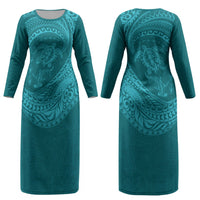 Hawaiian Turtle and Shark Couples Matching Long Sleeve Bodycon Dress and Long Sleeve Button Shirt Kakau Tribal with Polynesian Pattern Turquoise Color LT03 - Polynesian Pride