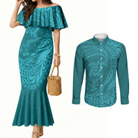 Hawaiian Turtle and Shark Couples Matching Mermaid Dress and Long Sleeve Button Shirt Kakau Tribal with Polynesian Pattern Turquoise Color LT03 Turquoise - Polynesian Pride