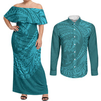 Hawaiian Turtle and Shark Couples Matching Off Shoulder Maxi Dress and Long Sleeve Button Shirt Kakau Tribal with Polynesian Pattern Turquoise Color LT03 Turquoise - Polynesian Pride