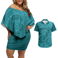 Hawaiian Turtle and Shark Couples Matching Off Shoulder Short Dress and Hawaiian Shirt Kakau Tribal with Polynesian Pattern Turquoise Color LT03 Turquoise - Polynesian Pride