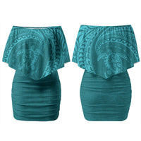 Hawaiian Turtle and Shark Couples Matching Off Shoulder Short Dress and Hawaiian Shirt Kakau Tribal with Polynesian Pattern Turquoise Color LT03 - Polynesian Pride