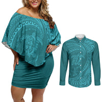 Hawaiian Turtle and Shark Couples Matching Off Shoulder Short Dress and Long Sleeve Button Shirt Kakau Tribal with Polynesian Pattern Turquoise Color LT03 Turquoise - Polynesian Pride