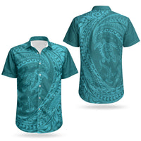 Hawaiian Turtle and Shark Couples Matching Puletasi and Hawaiian Shirt Kakau Tribal with Polynesian Pattern Turquoise Color LT03 - Polynesian Pride