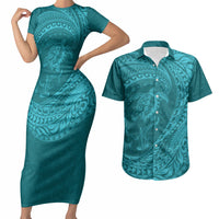 Hawaiian Turtle and Shark Couples Matching Short Sleeve Bodycon Dress and Hawaiian Shirt Kakau Tribal with Polynesian Pattern Turquoise Color LT03 Turquoise - Polynesian Pride