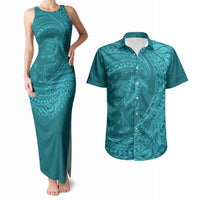 Hawaiian Turtle and Shark Couples Matching Tank Maxi Dress and Hawaiian Shirt Kakau Tribal with Polynesian Pattern Turquoise Color LT03 Turquoise - Polynesian Pride