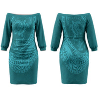 Hawaiian Turtle and Shark Family Matching Off The Shoulder Long Sleeve Dress and Hawaiian Shirt Kakau Tribal with Polynesian Pattern Turquoise Color LT03 Mom's Dress Turquoise - Polynesian Pride